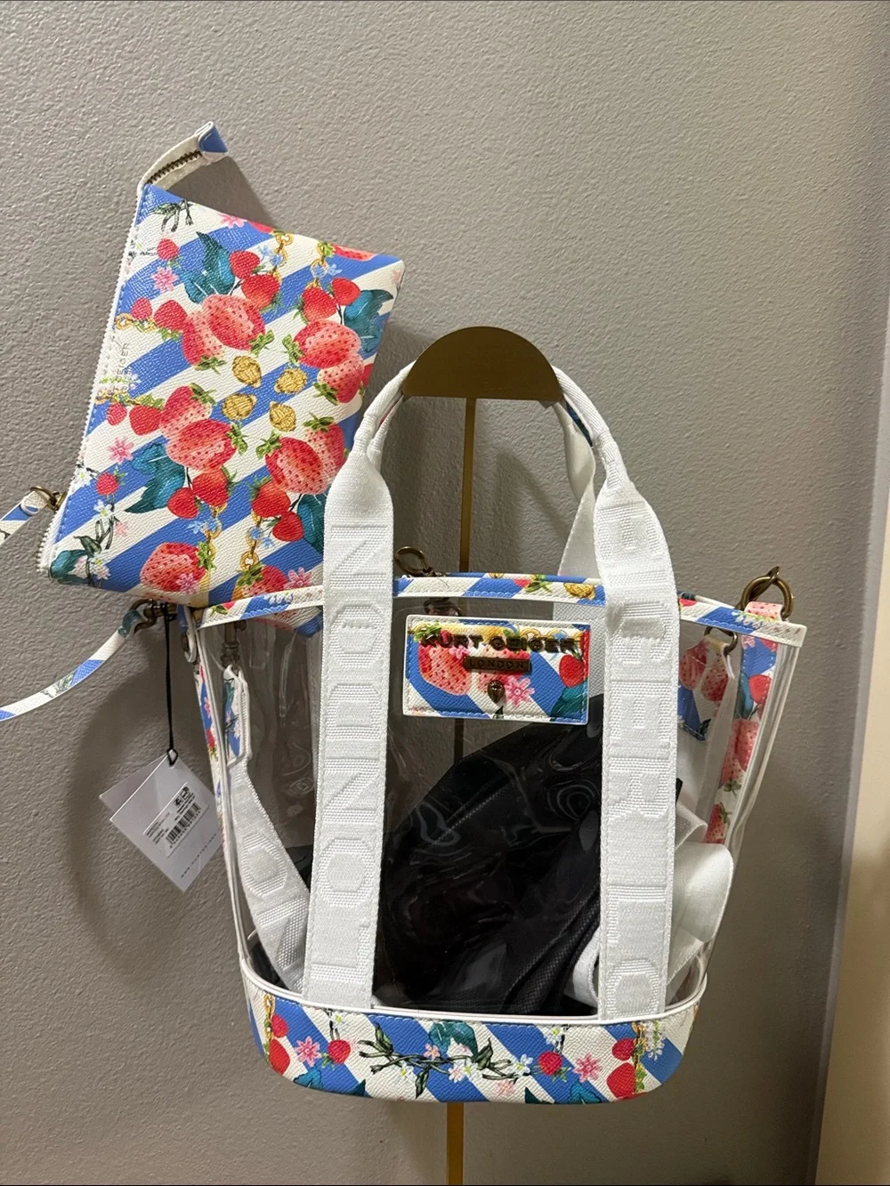 Kurt Geiger Clear Tote with White Straps and Strawberry Print
